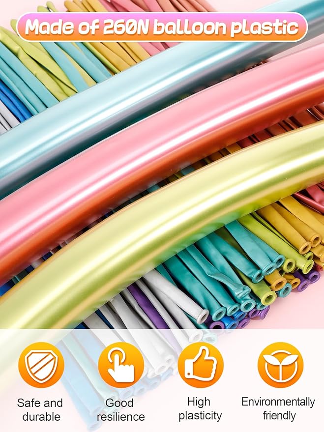 100 Pcs 260Q Balloons Kit with Pump - Kids Premium Latex Twisting Long Balloons to Make Animals Flowers, Metallic Assorted Balloons for Party Boys Girls Christmas Birthday Gifts Clowns Wedding Decor