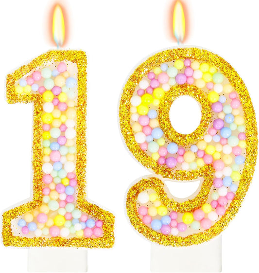 19th Birthday Candle for Cake, Colorful Macaron Numeral Candles for Boys/Girls, Birthday Party Cake Decorations, Golden Cake Topper for Birthday Party Supplies (Number 19)