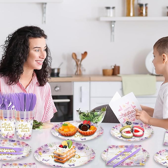 Mother's Day Party decorations 144Pcs Butterfly Floral Mother's Day Plates and Napkins Cups Serve 24 Include Best Mom Ever Plates, Napkins, Cups and Forks for Spring Birthday, Mothers Day, Tea Party