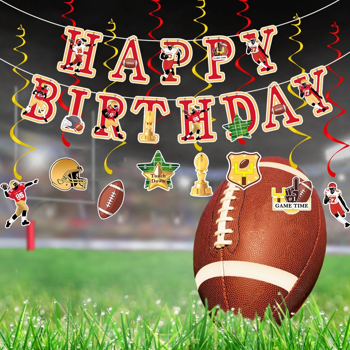 Football Birthday Party Decorations Football Birthday Banner with Super Bowl & Themed Party Supplies for Gameday Tailgate Decorations (Pre-Strung)