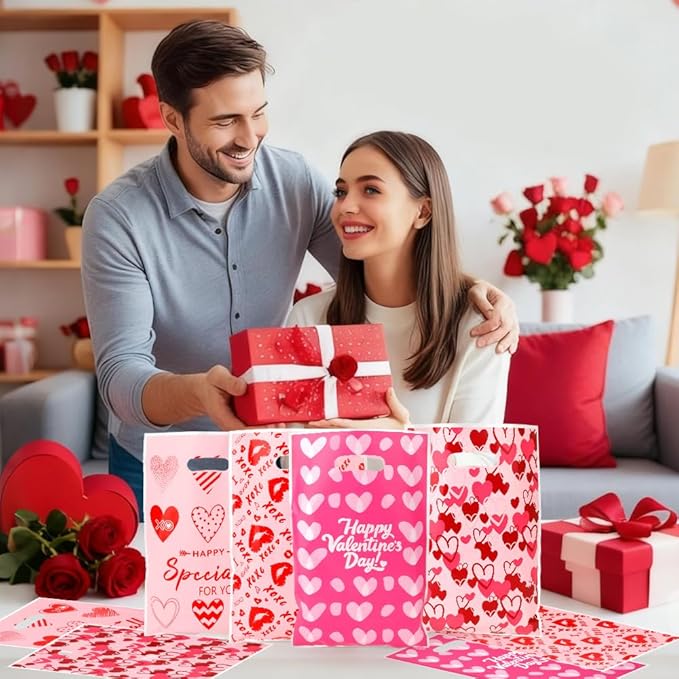 Valentines Treat Bags, 50 PCS Valentines Gift Bags with Handles, 7x10 Inch Plastic Happy Valentine's Day Goodie Cookie Candy Bag for Valentine's Day Wedding Anniversary Engagement Party Favor Supplies