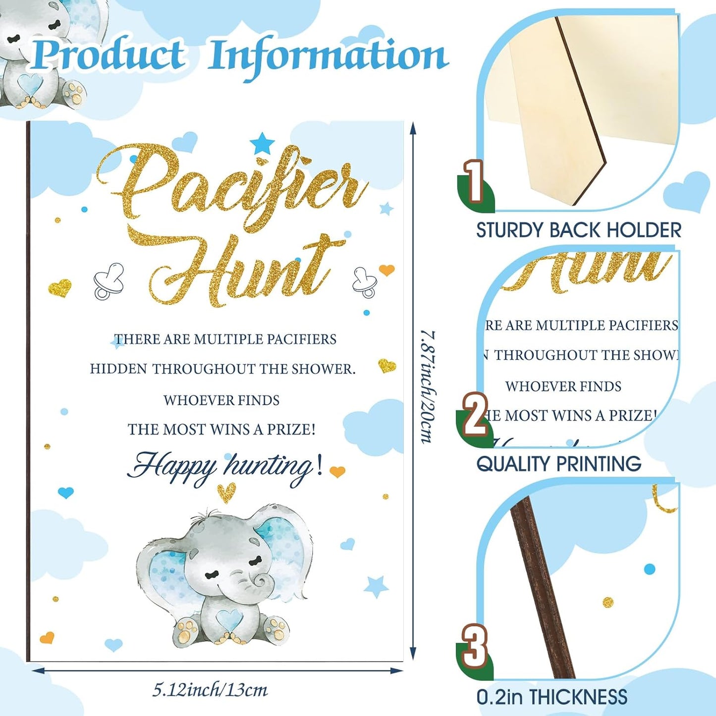 Thyle 51 Pcs Pacifier Hunt Baby Shower Games Include Hunt Sign and 50 Acrylic Pacifiers for Baby Shower Game Decoration Gift Sets Gender Reveal Party Decor(Blue Elephant)