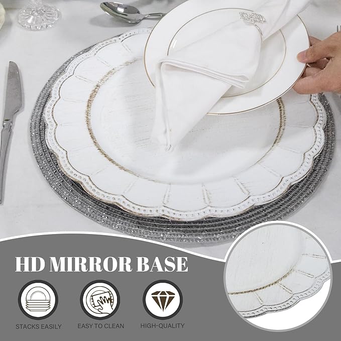 MAONAME Antique White Plate Chargers, 13" Round with Beaded Rim, Dinner Plates, Plastic for Party, Wedding