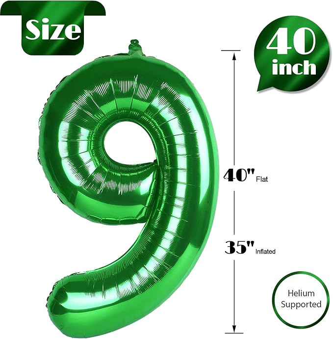 Dark Green Number 9 Balloon 40 Inch, 9th Birthday Party Decorations for Children, Giant 9 Foil Balloon for Party Supplies