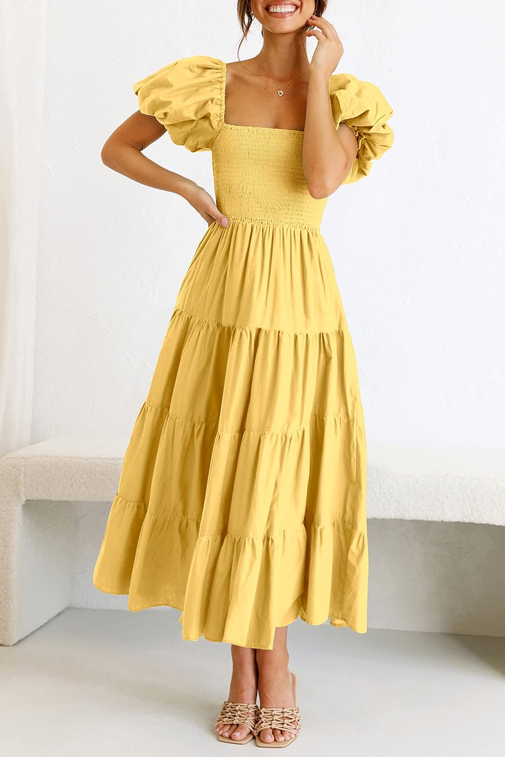 PRETTYGARDEN Women's Casual Summer Midi Dress Puffy Short Sleeve Square Neck Smocked Tiered Ruffle Dresses