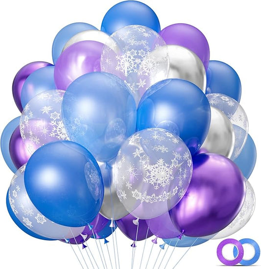 68Pcs Purple and Blue Party Balloons Kit 12 Inch Pearl Light Blue Metallic Purple Silver Snowflake Balloons with Ribbons for Winter Theme Birthday Wedding Girls Party Decorations.