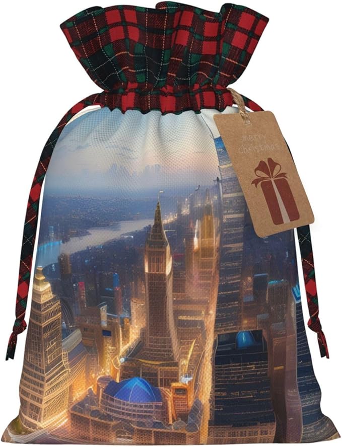 PULaif City Picture Night Christmas Drawstring Gift Bags, Large Size Christmas Bags For Gifts Party Favors, Xmas Gift Bags