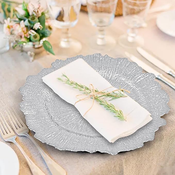 50 Pcs Silver Charger Plates Bulk 13 Inch Plastic Charger Plates for Dinner Plate, Silver Chargers for Table Setting, Reef Design Plate Floral Decorative Round Chargers for Wedding Party, Event