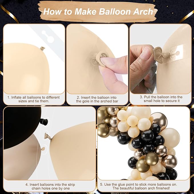 Black and Gold Balloon Arch Kit, Black White Sand Beige Cream Champagne Gold Metallic Latex Balloons Garland for New Years Eve Boho Bridal Baby Shower Anniversary Wedding Birthday Party Decor