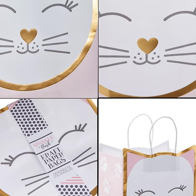 Sparkle and Bash Cat Gift Bags for Birthday Party Favors - 8 x 10 x 4.7 in, Pack of 15 & 20 White Tissue Sheets - Kitten Party Bags & Candy Treat Pouches