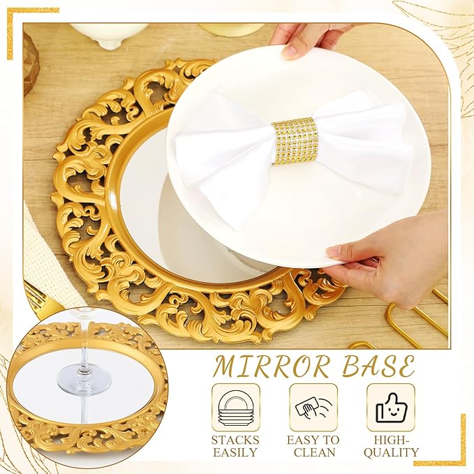 Maxdot 12 Pcs 13" Gold Mirror Charger Plates for Dinner Plates Plastic Round Embossed Edge Dinner Chargers for Table Setting Wedding Party Christmas Holiday Supplies Elegant Tabletop