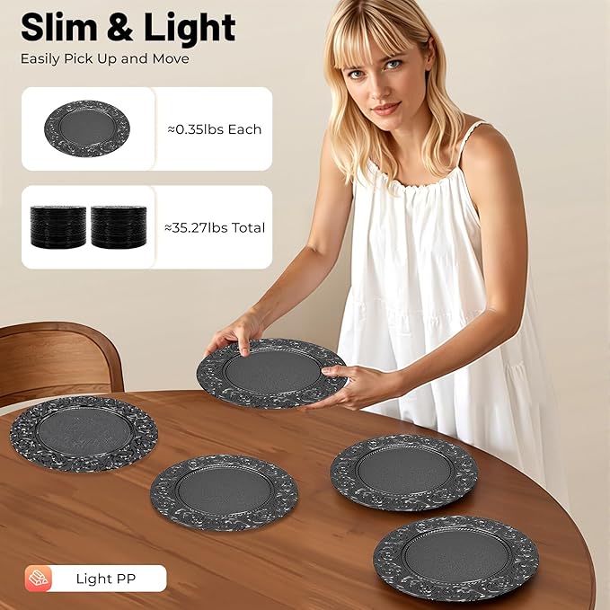 100 Pcs Black Round Charger Plates Bulk, 13 Inch Reusable Antique Charger Plates Set Plastic Embossed Dinner Plate for Table Setting Wedding Party Event Tabletop Setting Decor (Black)