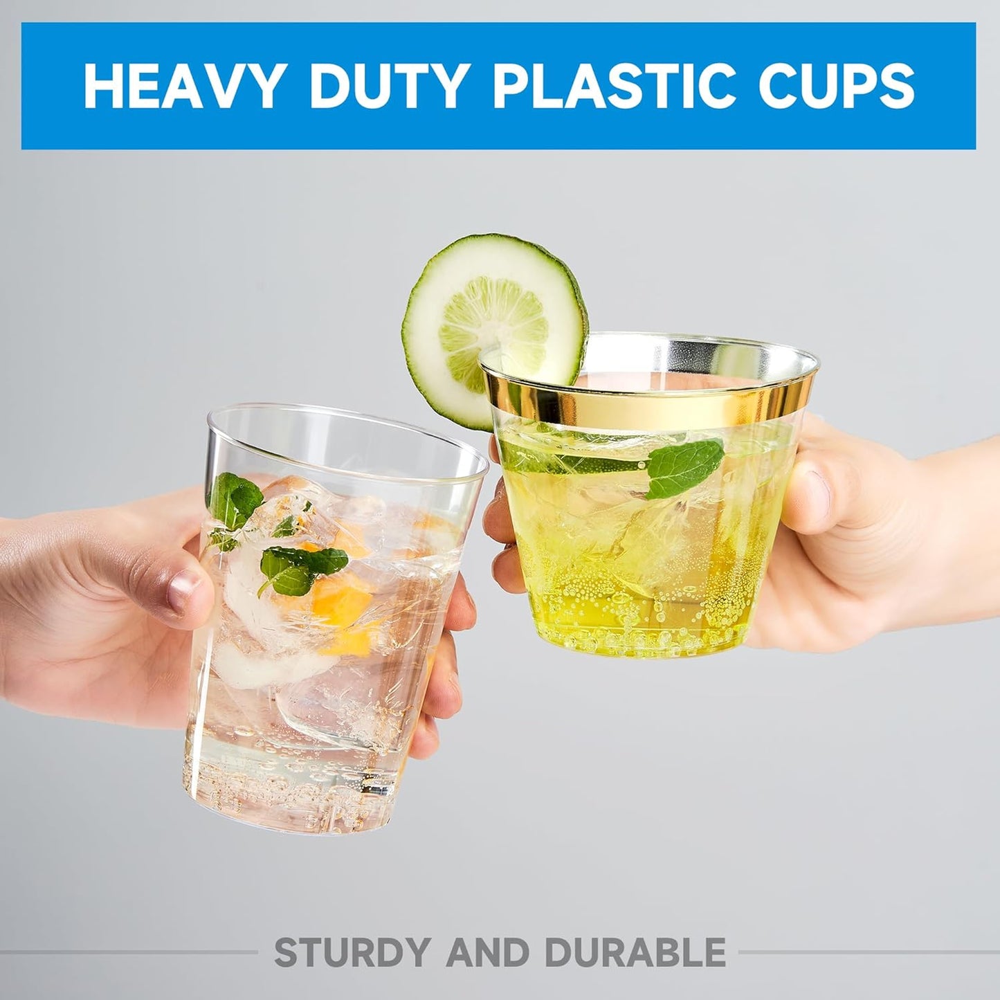 RACETOP 9 oz 100 Pack Clear Plastic Cups with Gold Rim, Disposable Gold Rim Clear Plastic Cups for Parties, Gatherings, Weddings, and Festival Events
