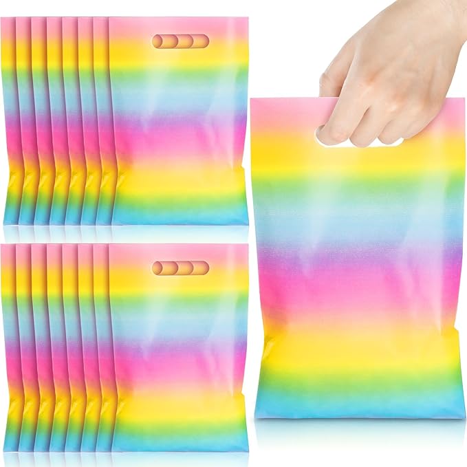 Epakh 100 Pcs Pastel Rainbow Gift Bags Bulk Plastic Summer Party favor Bags with Handles Colorful Candy Treat Goody Packing for Birthday Baby Shower Party Supplies