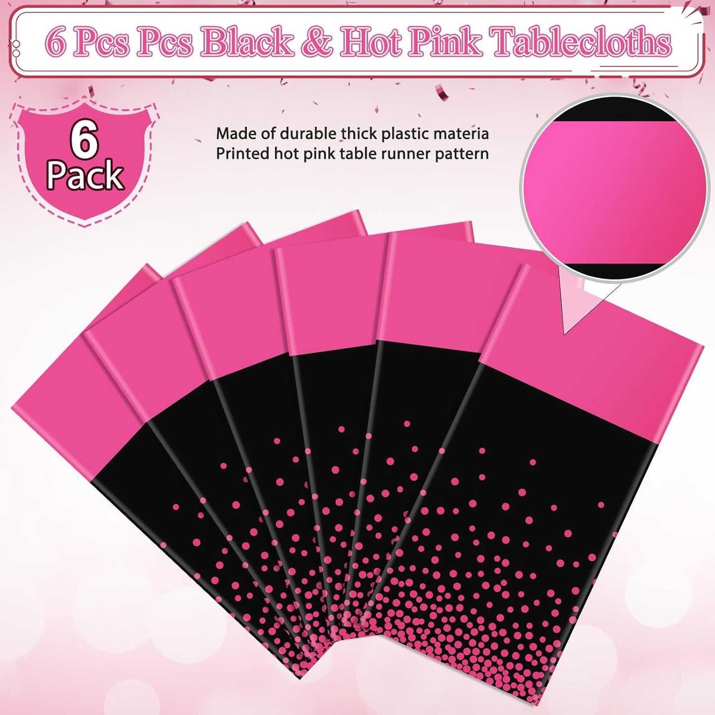 3Pcs Black Hot Pink Tablecloth Party Decorations,Plastic Black Table Cloth Printed Hot Pink Table Runner Disposable Rectangle Cover for Birthday Wedding Anniversary Graduation Party,54x108 Inch