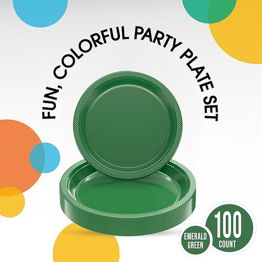 Party Solids Green Plastic Plates For Party Supplies, Green Disposable Plates 100 Pieces - 50-7" & 50-9" Heavy Duty 350 GSM Disposable Dinnerware Sets, Plastic Dinnerware Sets
