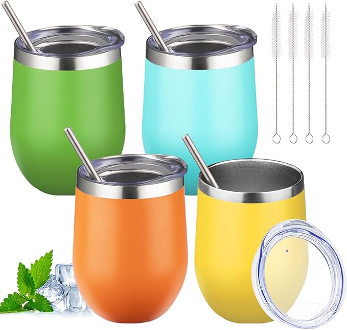 12oz Stemless Wine Tumbler with Lid Double Wall Insulated Wine Cup Stainless Steel Glasses Tumbler with Straw Insulated cocktail Tumbler Coffee Mug for Hot and Cold Beverages (Multicolor-4,4Pack)