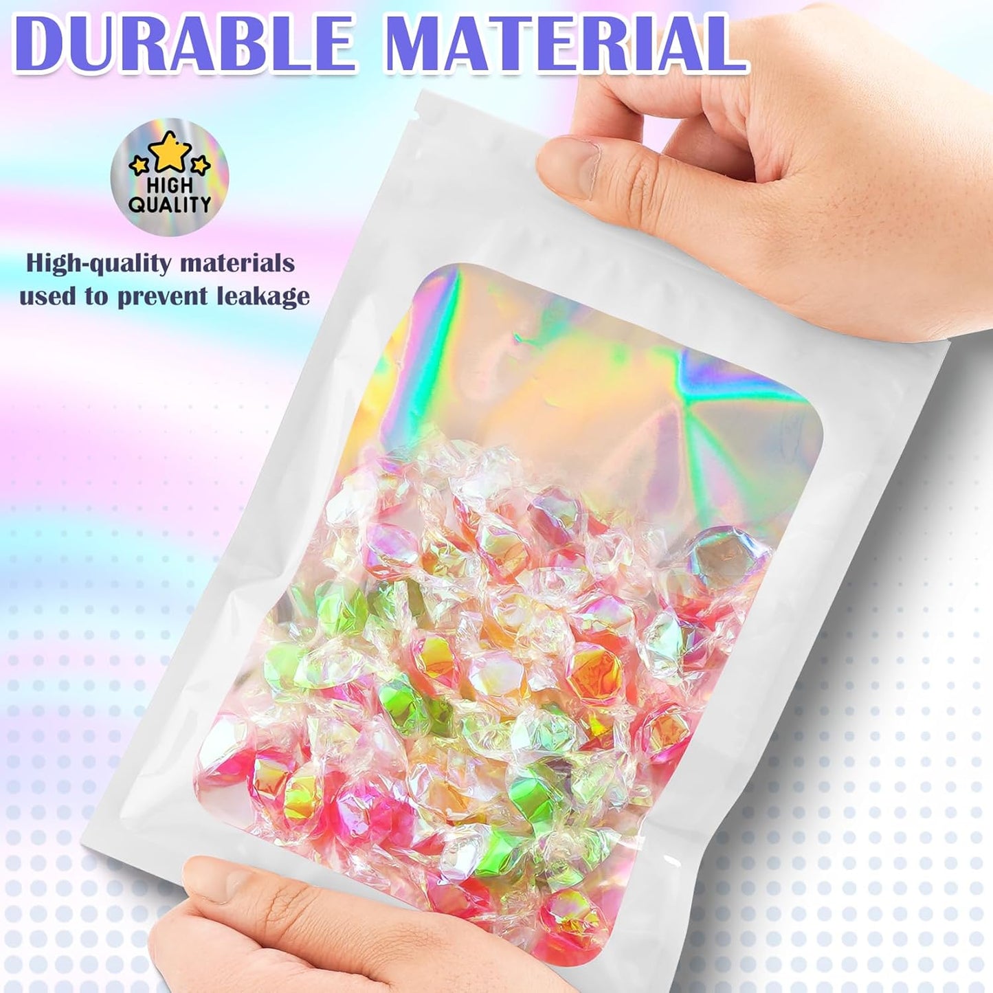 Mylar Bags, 100 PCS Holographic Bags, White Smell Proof Bags with Front Window, Small Business Packaging Supplies, Resealable Bags for Food Storage, Bracelets, Jewelry, Sample （2.4x3.9in）