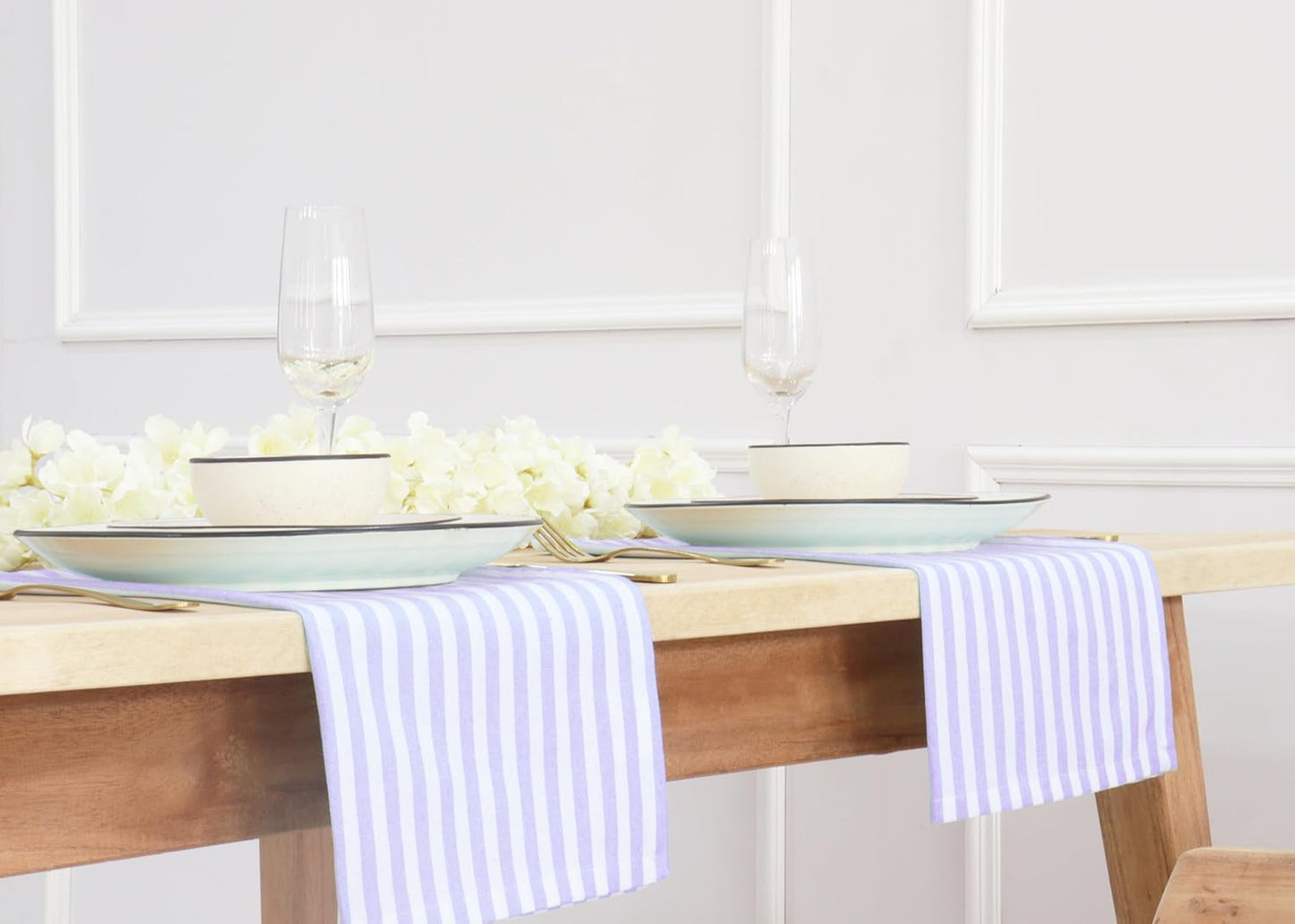 PurpleEssences Plain Striped Cloth Napkins - Set of 12-100% Cotton - 18 x 18 Inch - Fall Thanksgiving - Perfect Everyday Use Dinner Napkin - Lavender White