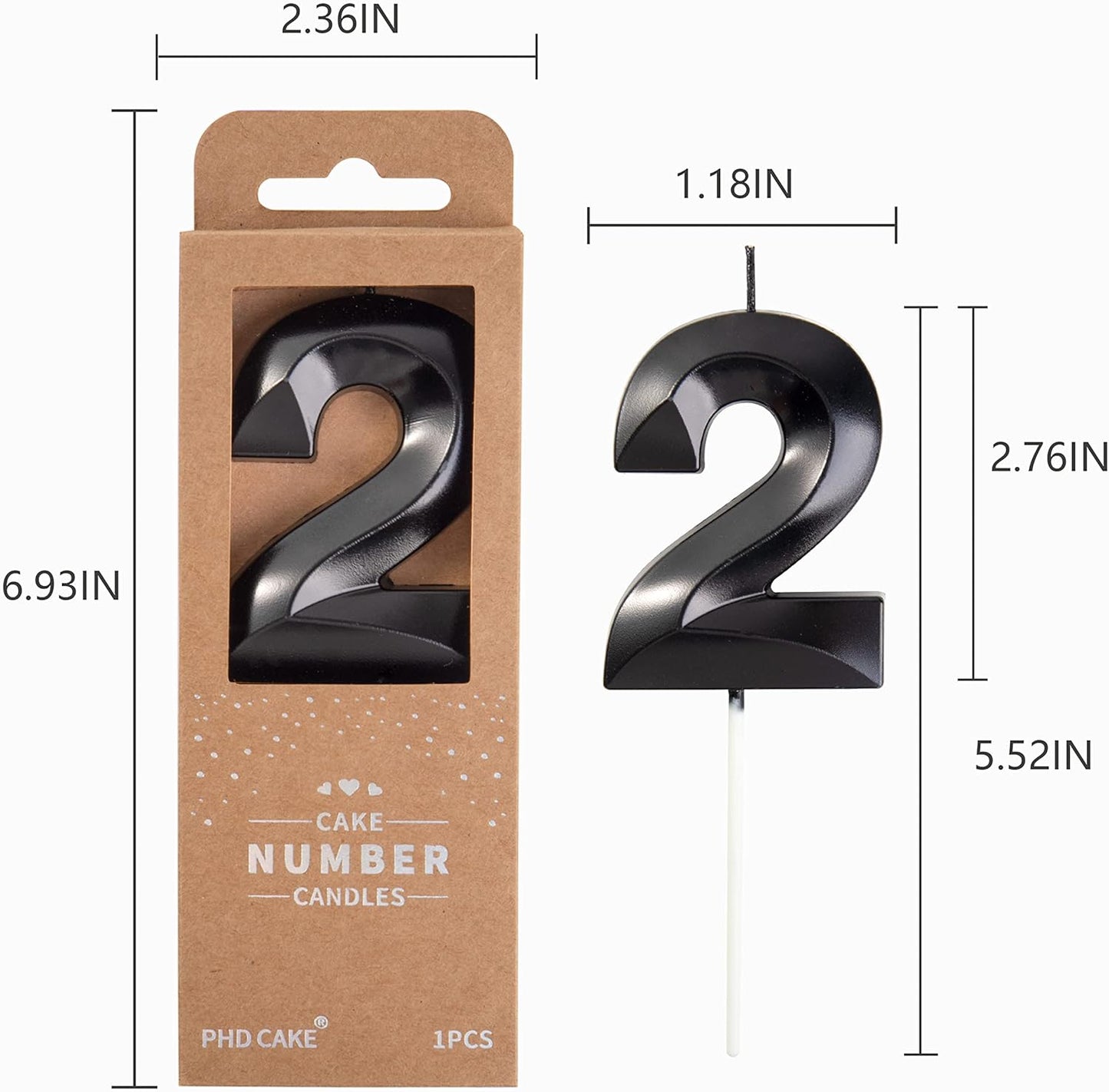 PHD CAKE 2.76 Inch Diamond Black 2 Number Birthday Candles, Black Number Candles, Cake Number Candles, Party Celebration