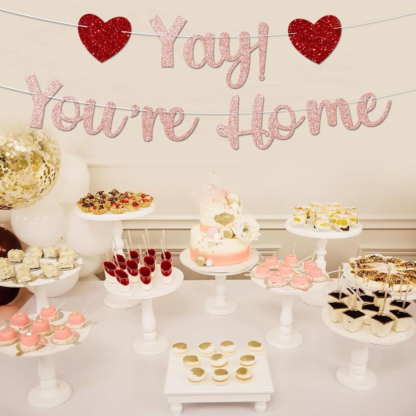 Rose Gold Glitter Welcome Home Banner, Yay! You're Home Banner for Welcome Back, Housewarming & Military Return Party Decorations & Decor, No DIY.