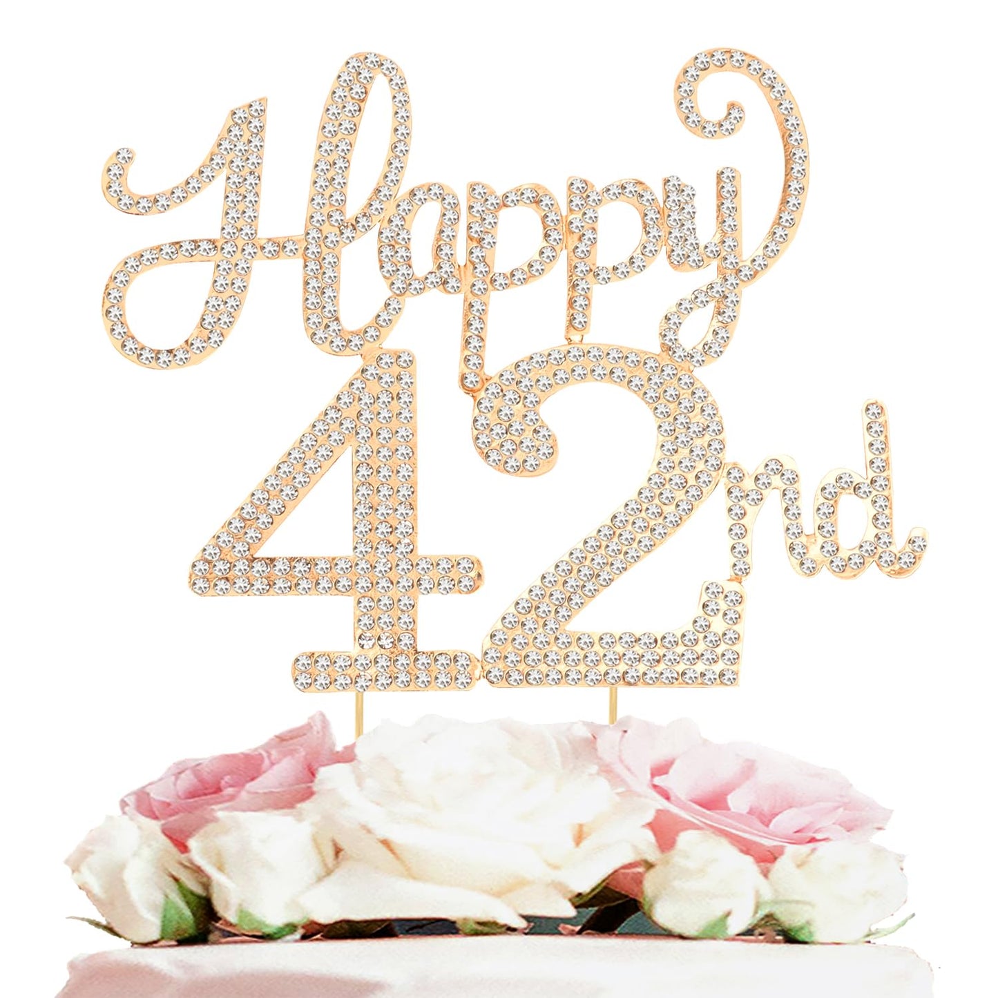 Happy 42nd Birthday Decorations,42nd Birthday Gold Rhinestone Cake Topper - Cheers to 42 Years Old Bday Party Metal Sparkly Cake Centerpieces Sign.