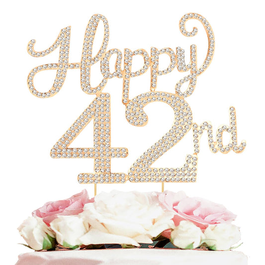 Happy 42nd Birthday Decorations,42nd Birthday Gold Rhinestone Cake Topper - Cheers to 42 Years Old Bday Party Metal Sparkly Cake Centerpieces Sign.