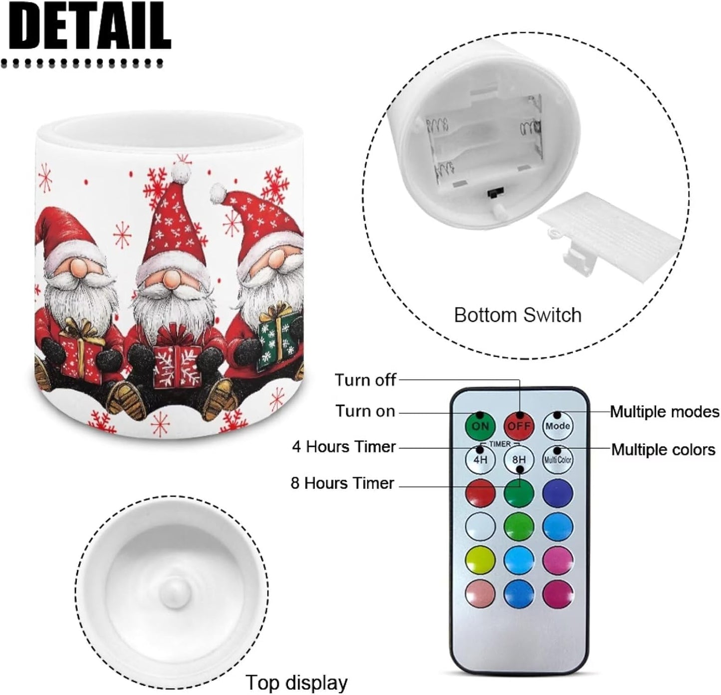 Poceacles 4 PCS LED Flameless Candles for Christmas Realistic Battery Powered No Flame Candles with Remote and Timer, Simulated Wick Flame Tealights, Christmas Gnome Snowflake White Red
