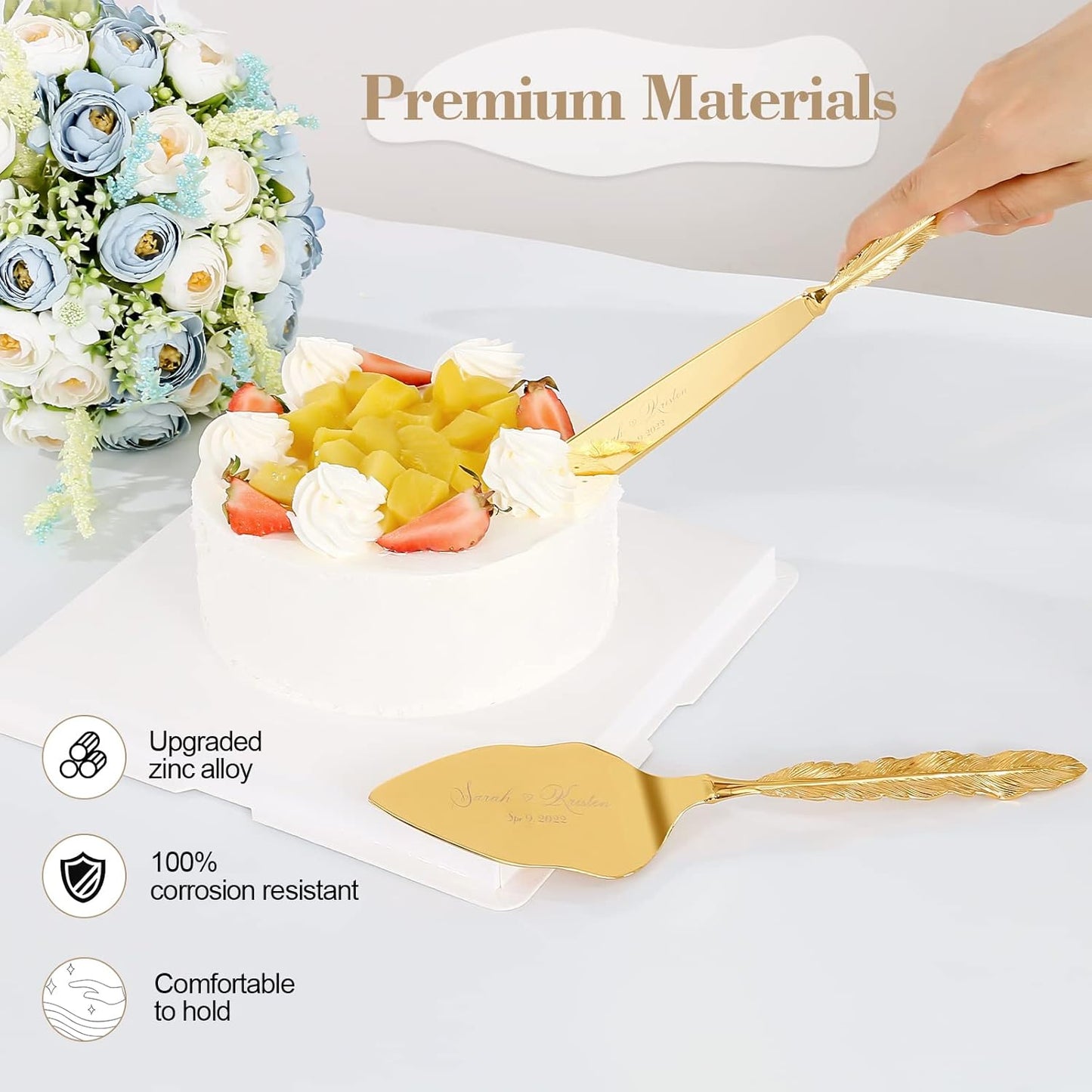 Wedding Cake Knife and Server Set, Personalized Gold Cake Cutting Set for Wedding, Engraved Classic Cake Cutter Set, Pie PastryServer, Birthday Bridal Quinceañera Gift (CUS-Feather)