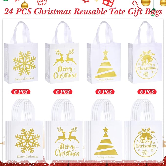 Wesnoy 24 Pcs Christmas Gift Bags Bulk 10 x 8 x 4 Inch Christmas White Gold Non Woven Party Favors Goodies Candy Bags with Handles for Holiday Gift Birthday Party Supplies