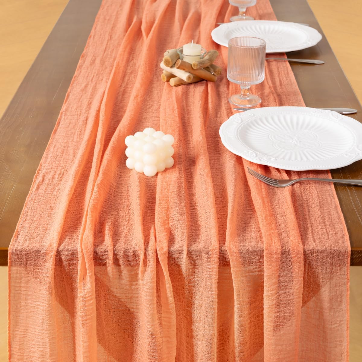 Socomi Peach Orange Fall Thanksgiving Gauze Cheesecloth Table Runner 120 Inch Rustic Boho Cheese Cloth Runner for Wedding Party Baby Bridal Shower Centerpiece Decoration Holiday Home Decorations