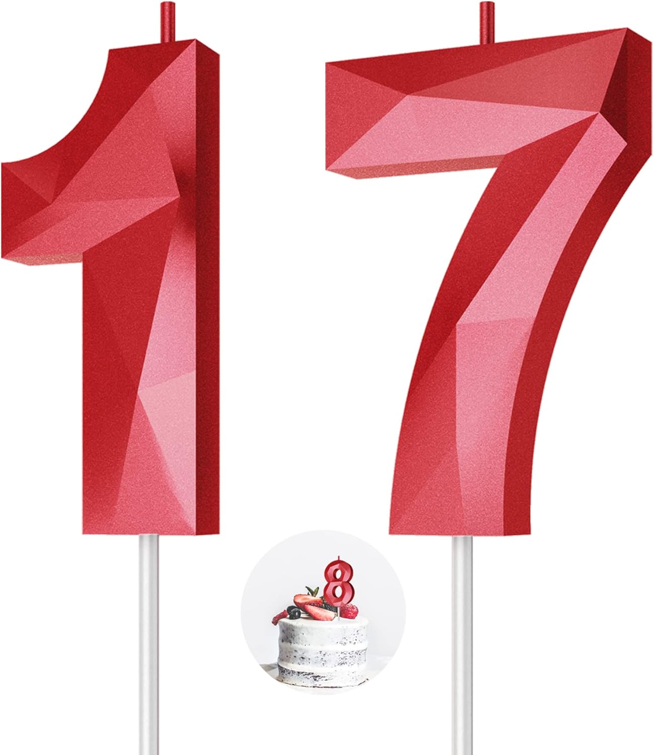 Number Birthday Candles(17 Candle Red) 3D Diamond Shape Number Happy Birthday Cake Candles for Birthday Party Wedding Decoration Reunions Theme Party