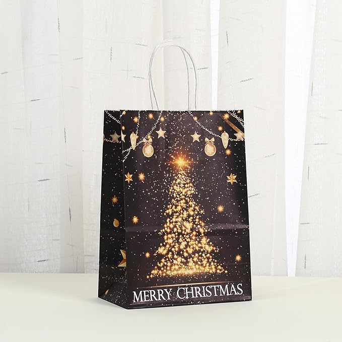 piqiya 24pcs Black Gold Christmas Gift bags with Handles,Christmas Party Favors Bags,Paper Xmas Elk Snowflake Candy Treat Bags,8.2×5.9×3.1inch(6 designs)