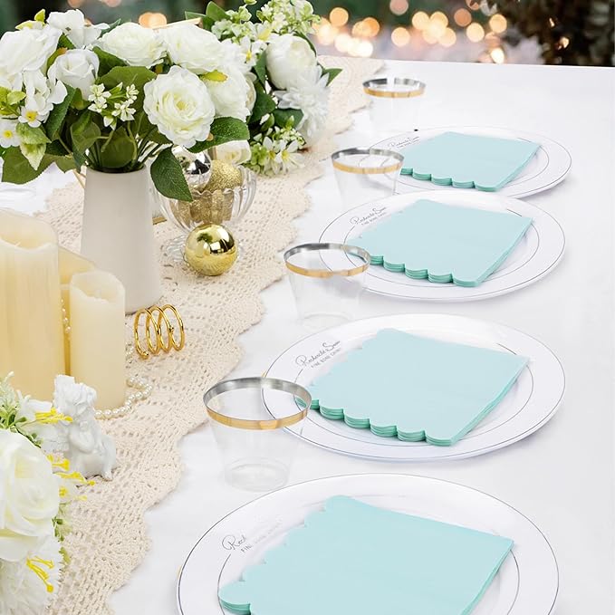 100 Pcs Cocktail Napkins Scalloped Edged Dessert Napkins Folded 5 x 5 Inches Blue Disposable Napkins for Dinner Wedding Birthday Party