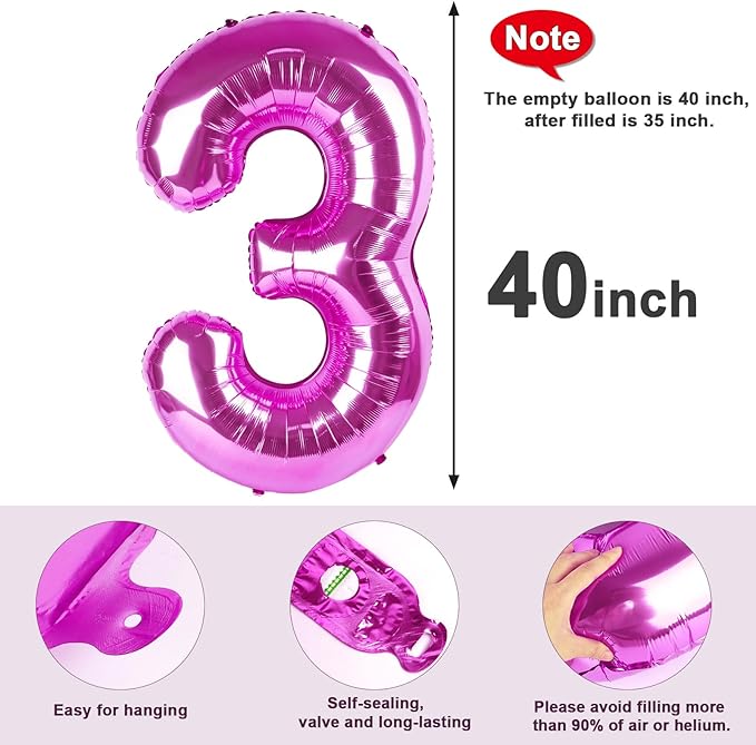 Numbers Balloon 3, 40 Inch Large Rose Purple Balloon for Three Year Old Birthday Decor, 3 13 30 31 Birthday Party Decorations for Wedding Supplies