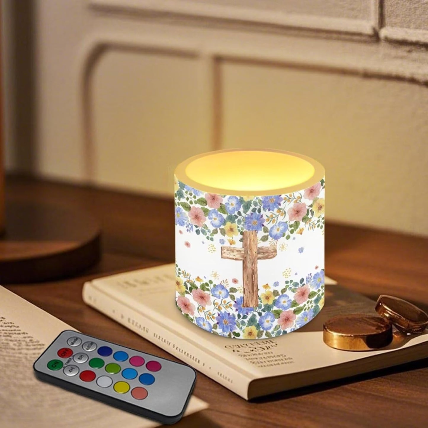 Poceacles Remote Control LED Candles Set of 4 Battery Powered Flameless Candles with Multi-Color Lighting Options, 12 Colors Changing, Timer Function, for Indoor Outdoor Decor, Floral Cross