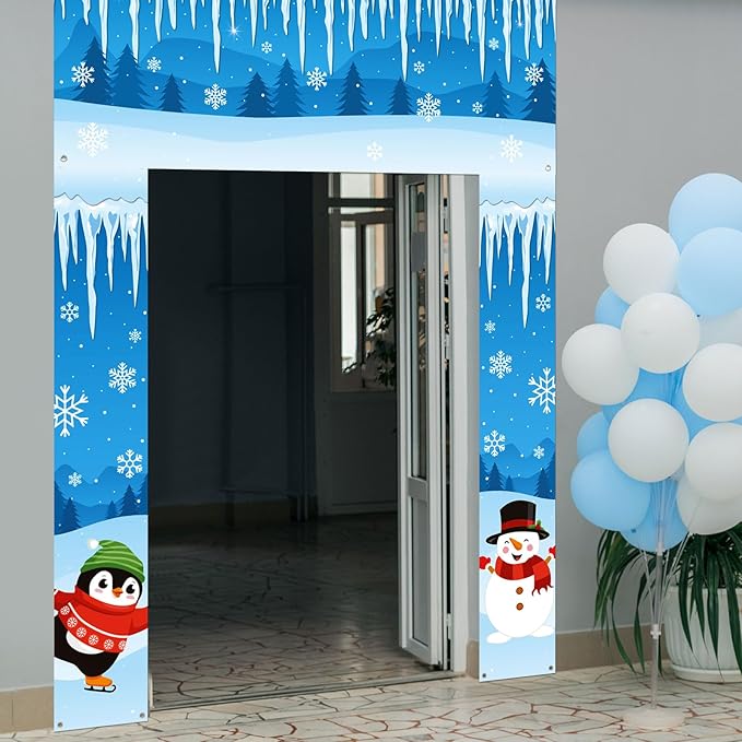 Winter Party Door Banner Classroom Door Cover Snow Wonderland Porch Decor Winter Birthday Decorations Photography Backdrop for Holiday Christmas Snowflake Party (Penguin Snowman)
