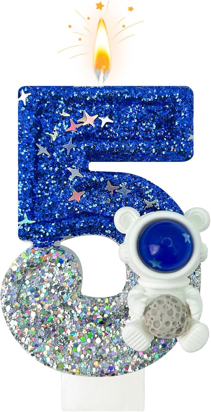HXOUSE Astronaut 5th Birthday Candle - Space Universe Sparkler 5 Candle for Birthday Cake Boy, Topper for Party Decorations Anniversary Celebrations (Number 5)