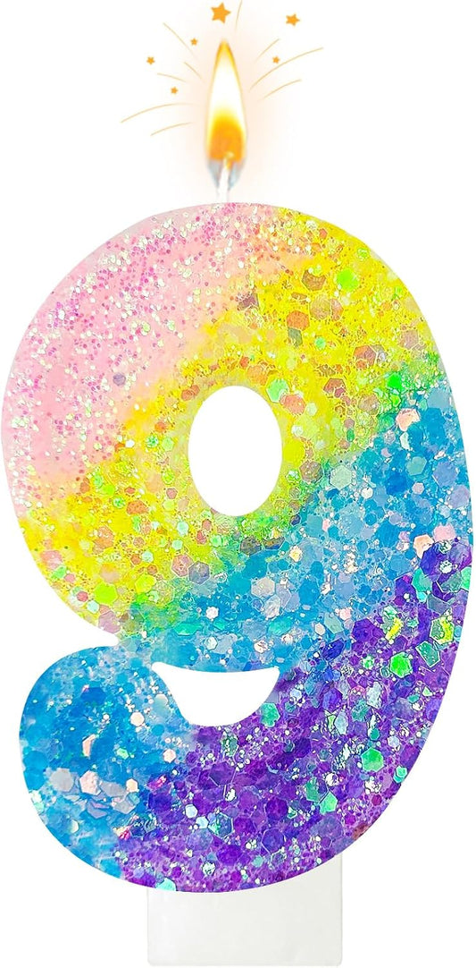 Birthday Candles Pastel Macaron Glitter 3D Rainbow Number Candles for Birthday Cake Girls Women Sweet Theme Birthday Wedding Anniversary Party Cake Decoration (Number 9)