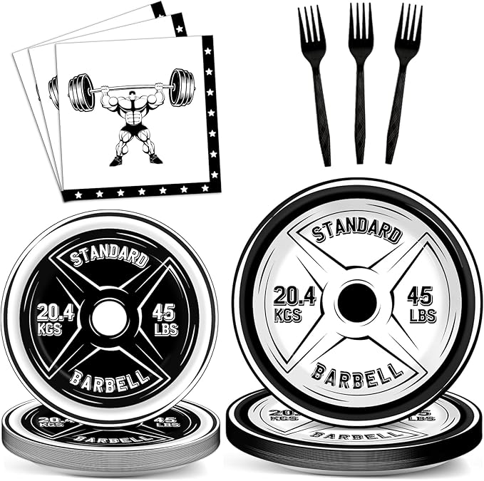 OBUSATT 96 Pcs Gym Birthday Party Supplies Bodybuilder Theme Paper Plates Weightlifting Party Plates and Napkins Forks Barbell Birthday Decorations for Gym Lovers and Weight Lifters Serves 24