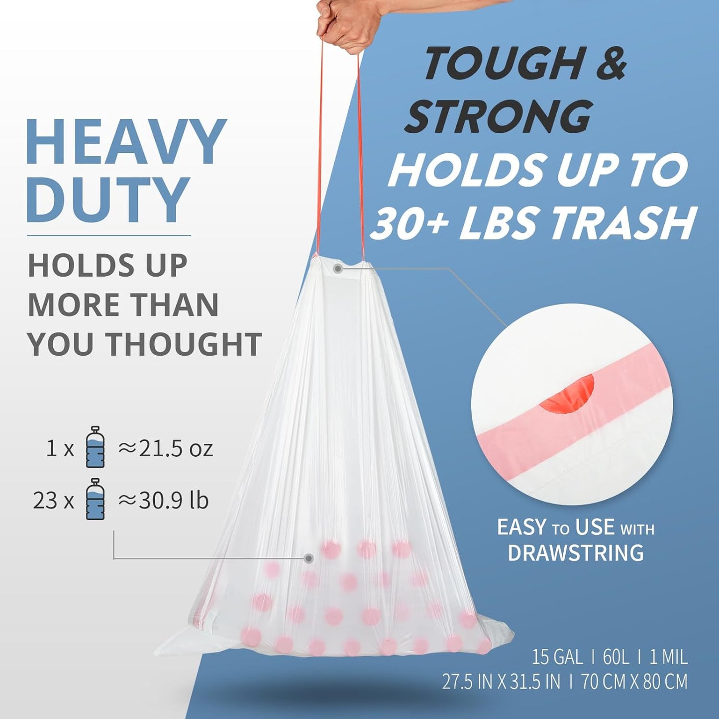 15-18 Gallon Drawstring Trash Bags - (102 Count) Ultra Large Trash Can Liners, Heavy Duty Strong White Plastic Garbage Bags for Home Kitchen Office Lawn Commercial