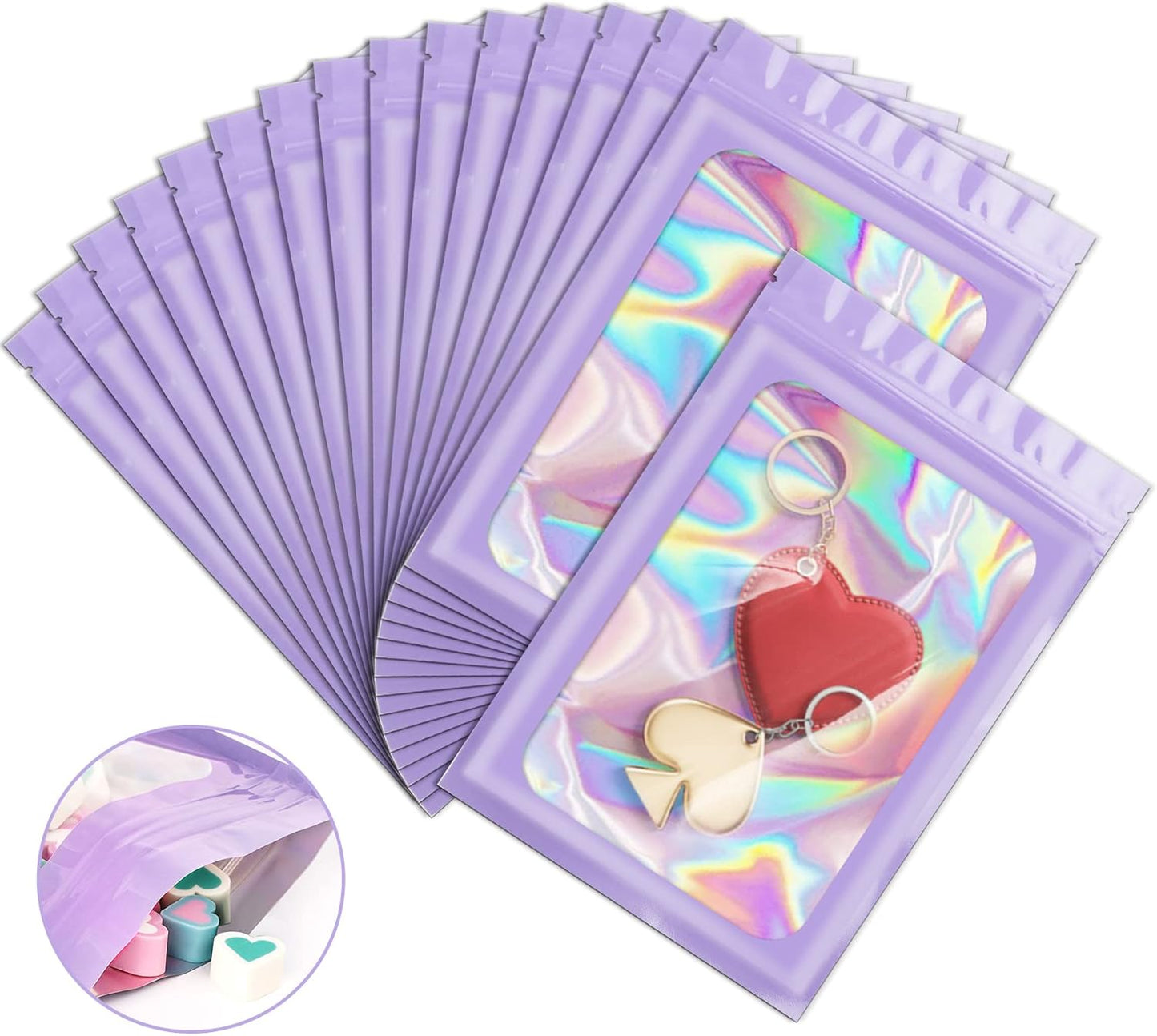 100 Pieces Smell Proof Mylar Resealable Bags, Holographic Packaging Bags, Resealable Odor Foil Pouch Zip Bags with Clear Window for Food Storage and Lipgloss, Jewelry Lash (Purple, 3.1 x 5.1 Inch)