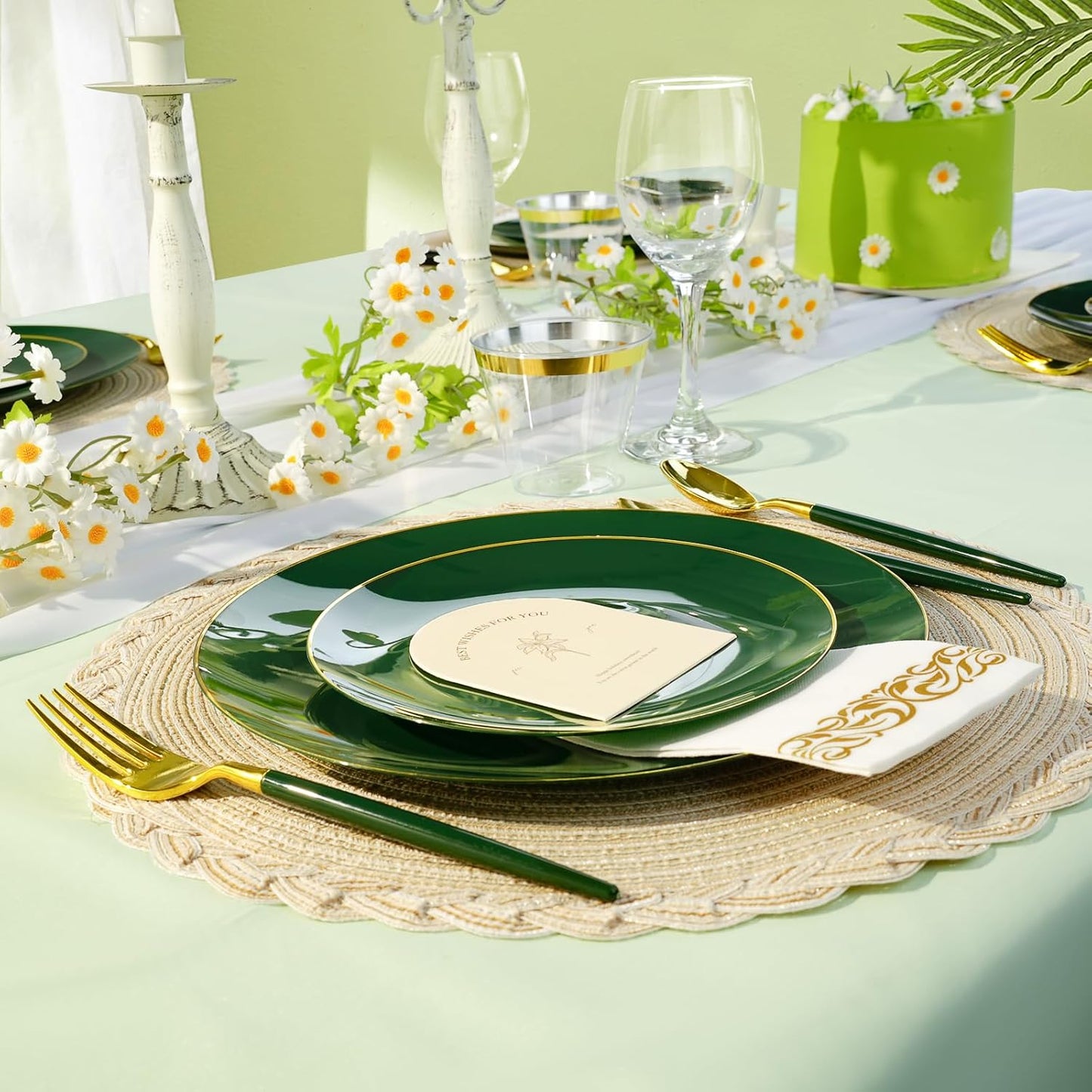 100PCS Green Gold Plastic Plates, Green Disposable Plates for Party, Wedding, Include 50 Dinner Plates, 50 Dessert Plates for 50 Guests
