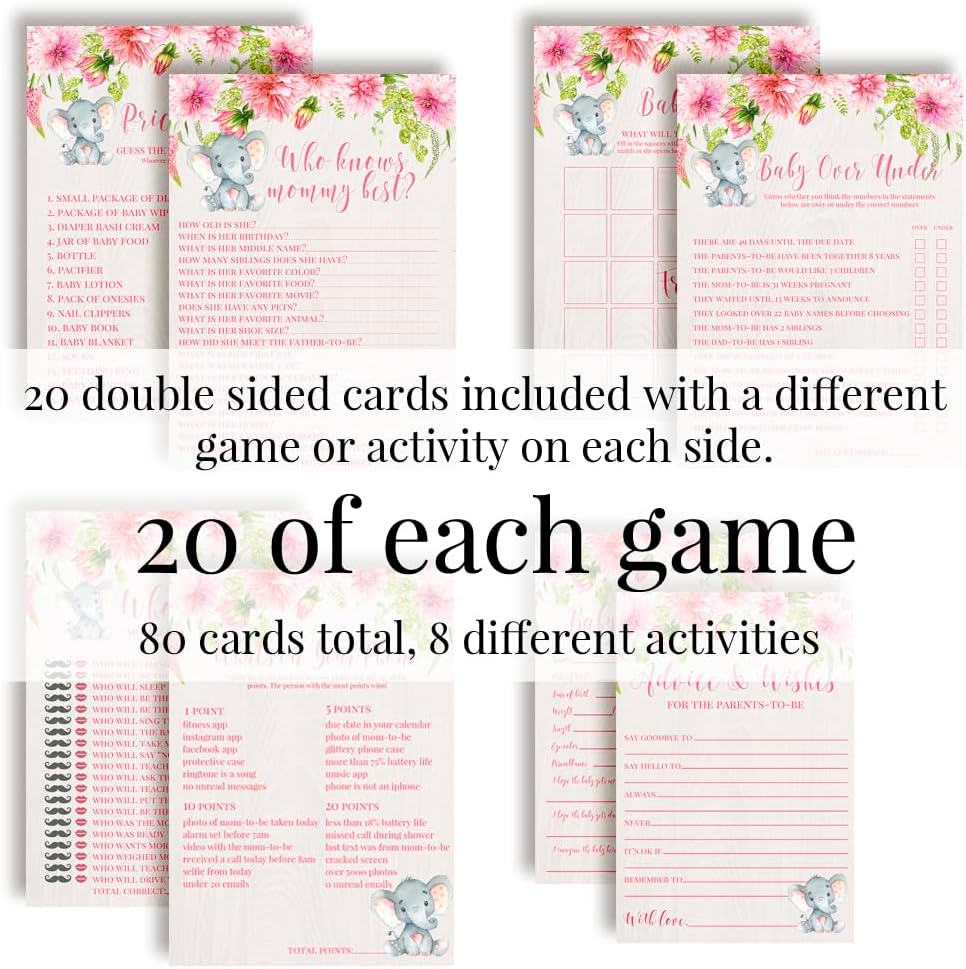 Amanda Creation Baby Shower Games 8 Game Set Watercolor Dahlia Floral Elephant Girl 80 Double-Sided Cards for 20 Guests.Bingo, Baby Predictions & Activities for Guests. Theme for Girl