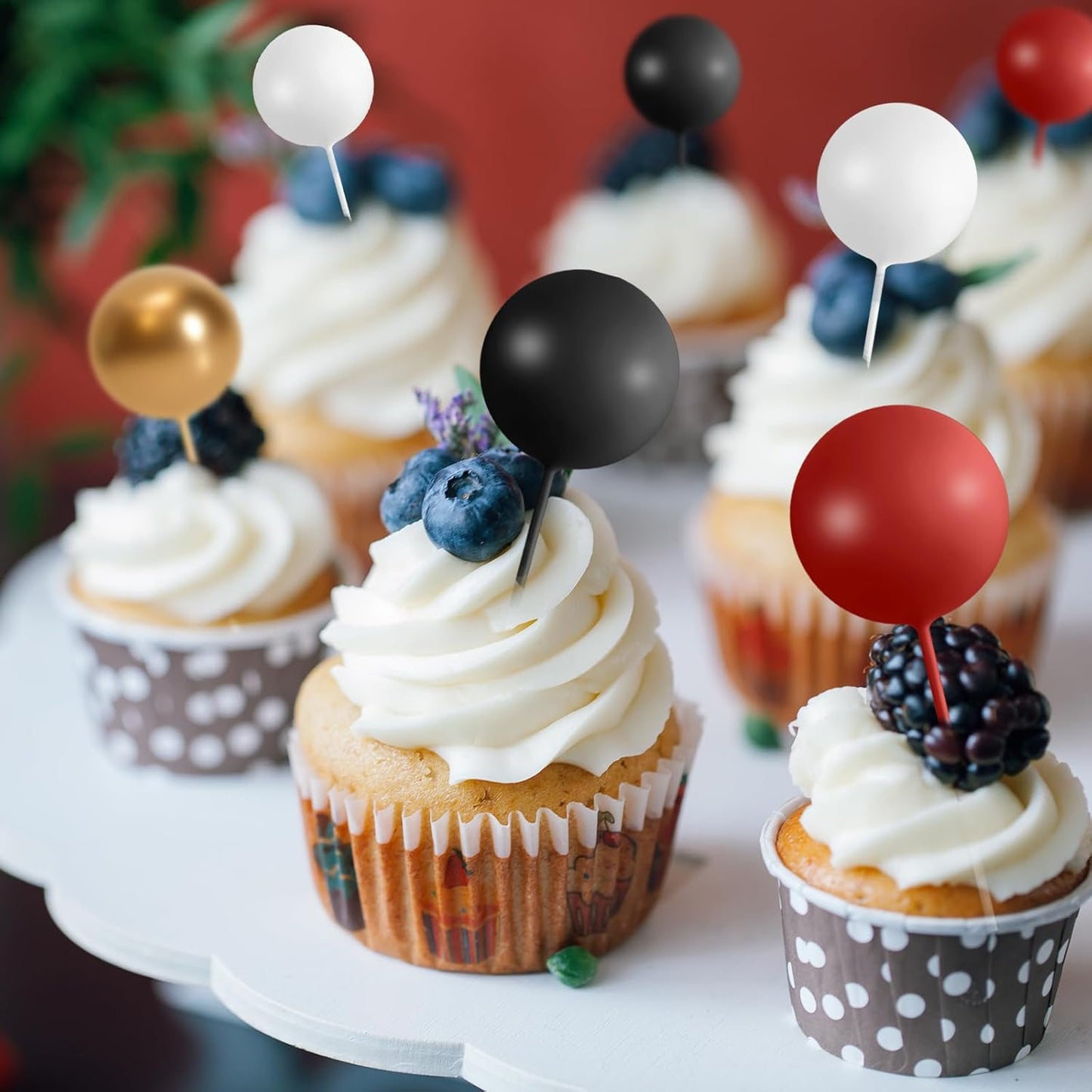 75 Pieces Cake Balls Topper Decorations Foam Cupcake Topper Mini Balloon Cake Topper Picks for Deco Birthday Party Wedding（Black, Red, Gold, White）