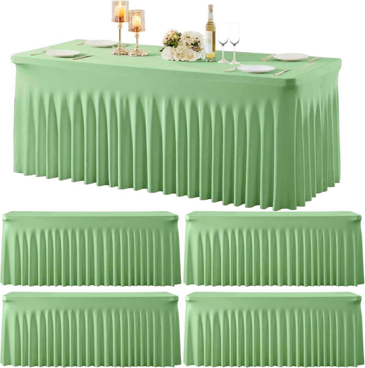 4 Pack Spandex Sage Green Fitted Table Cloth for 6ft Rectangle Tables Sage Green Stretch Tablecloth Table Covers Skirt Banquet Wrinkle Free Tablecloths for Parties Wedding