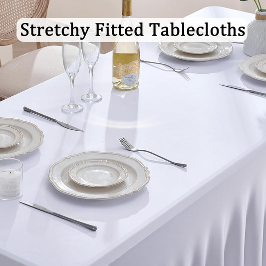 8Pack White Spandex Tablecloths for 8 Foot Rectangle Tables, Wrinkle Free Stretchy Fitted 8FT Table Cloths Cover Desk Skirt for Parties Weddings Birthday Banquet Baby Shower Events