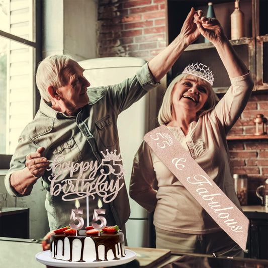 55 Birthday Decorations for Women Including Sash, Tiara, Numeral Candles and Cake Topper, 55th Birthday Gifts for Women, Rose Gold Party Favor Supplies