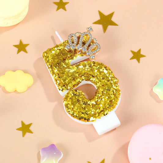Gold Birthday Candle Crown Number 5 Candle with Sequins Cake Candles Cupcake Decorations Party Decor for Anniversary Celebrations Supplies
