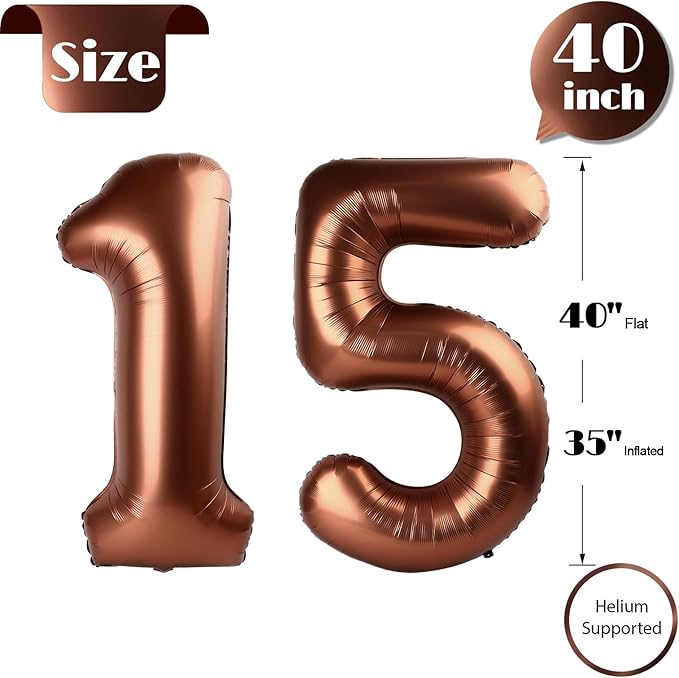 Dark Brown Number 15 Balloon 40 inch, Coffee Brown 15 Number Balloons, 15th Birthday Decorations, Chocolate 15 Year Old Girls Boys Dark Brown Party Supplies